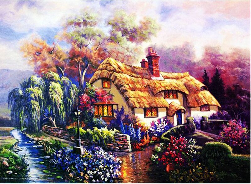 Thatched Cottage — Blue, Serene, Afternoon, Painting