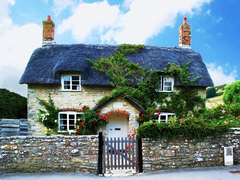 Thatched Cottage — Blue, Serene, Afternoon, Photograph, Stone Wall