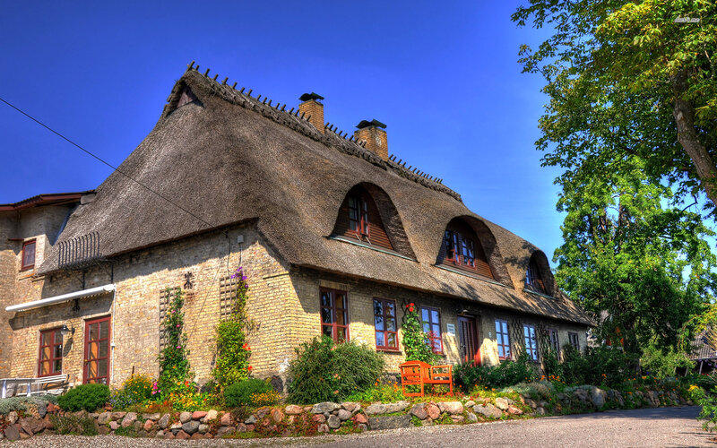 Thatched Cottage — Blue, Serene, Afternoon, Photograph