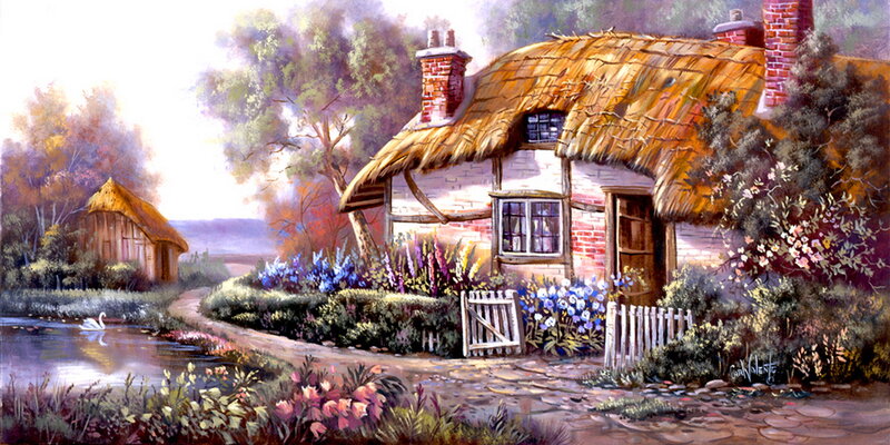 Thatched Cottage — Brown, Serene, Afternoon, Painting