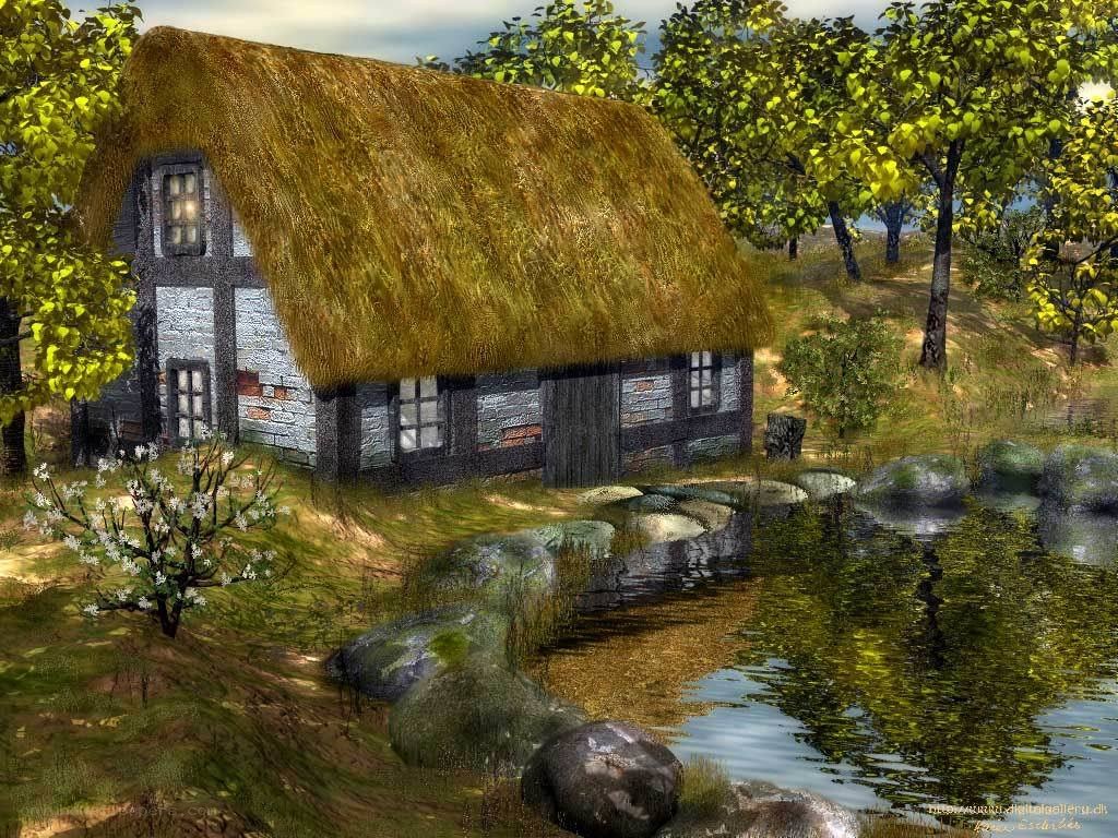 Thatched cottage by a pond
