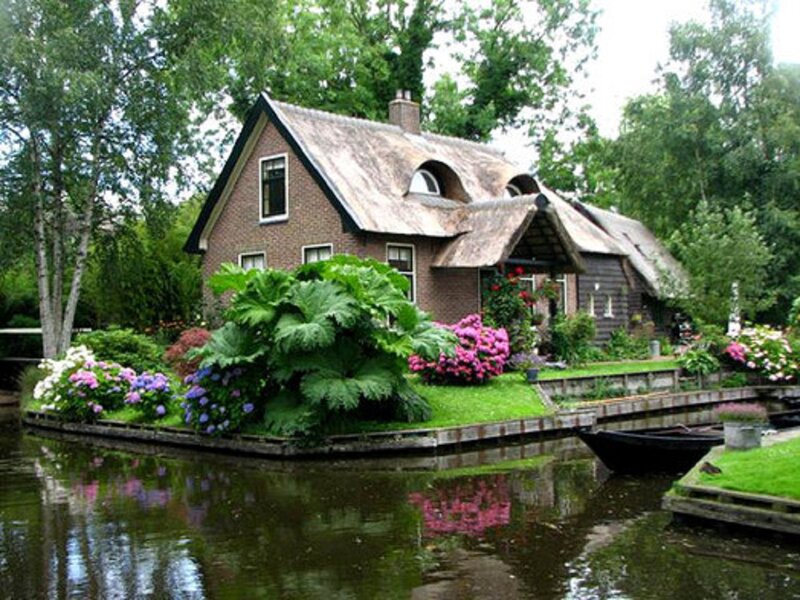 Thatched Cottage by Canal — Green, Serene