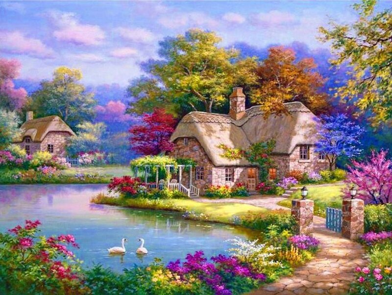 Thatched Cottage by Lake — Blue, Serene, Afternoon
