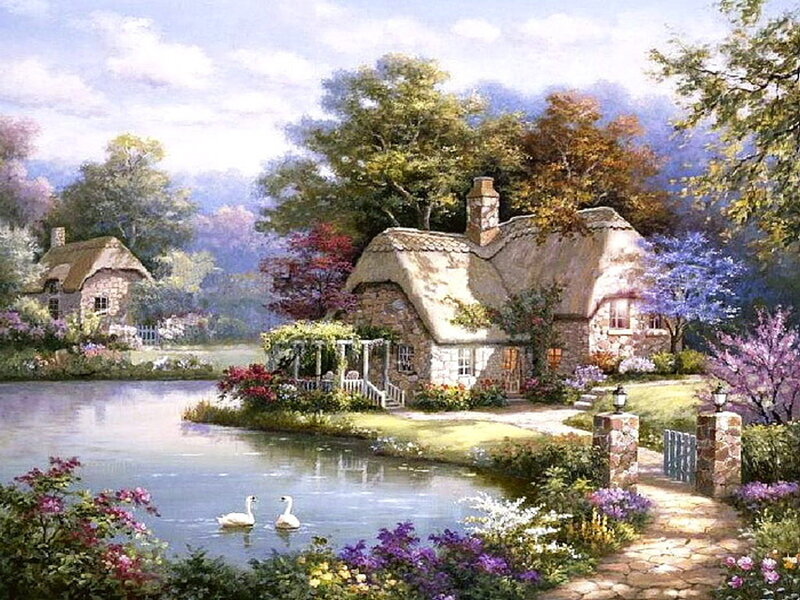 Thatched Cottage by Lake — Blue, Serene