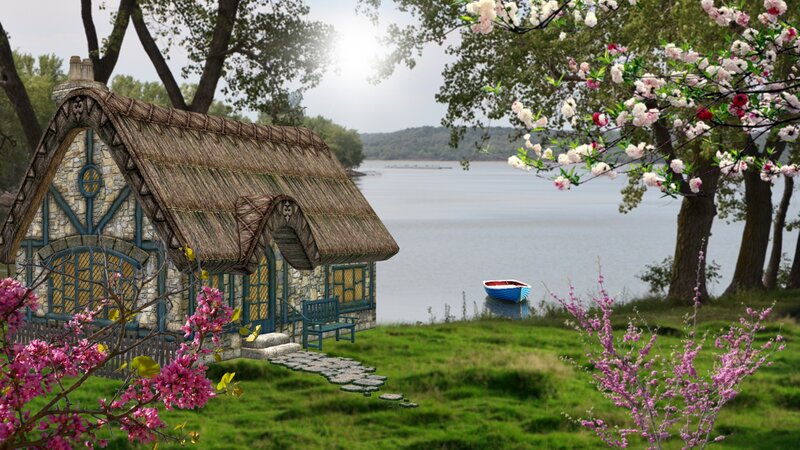 Thatched Cottage by Lake — Green, Serene, Spring