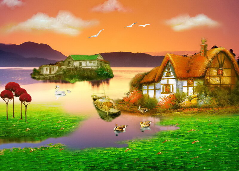 Thatched Cottage by Lake — Green, Serene, Sunset