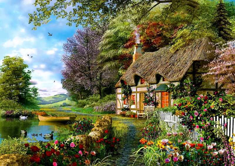 Thatched Cottage by Lake — Green, Serene