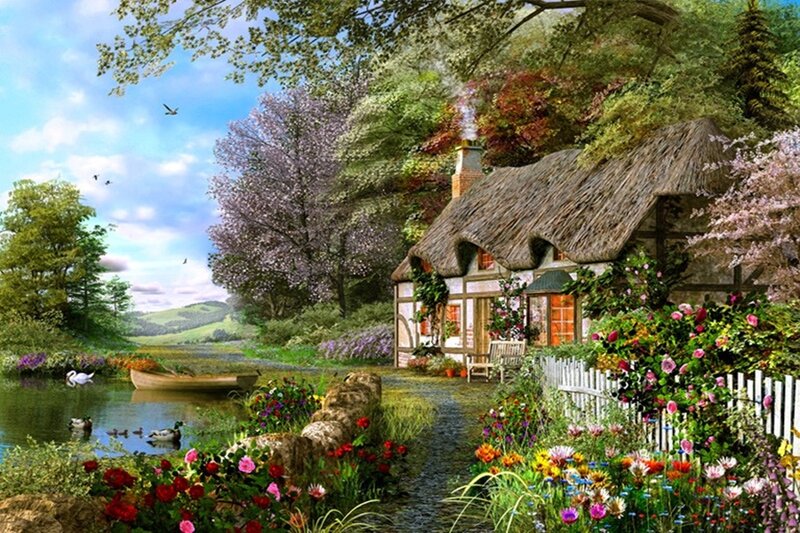 Thatched Cottage by Lake — Green
