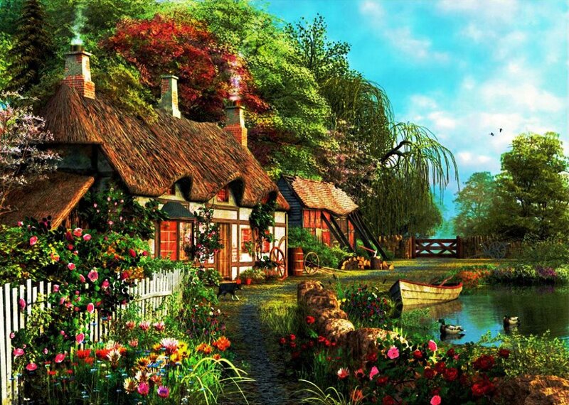 Thatched Cottage by Pond — Green, Serene, Afternoon, Digital Art, Flowers