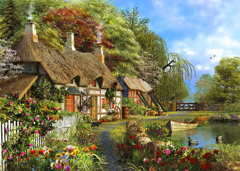 Thatched Cottage by Pond — Green, Serene, Afternoon, Illustration, Flowers