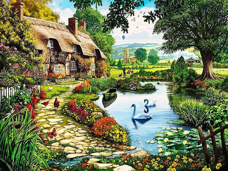 Thatched Cottage by Pond — Green, Serene, Afternoon, Illustration, Swans