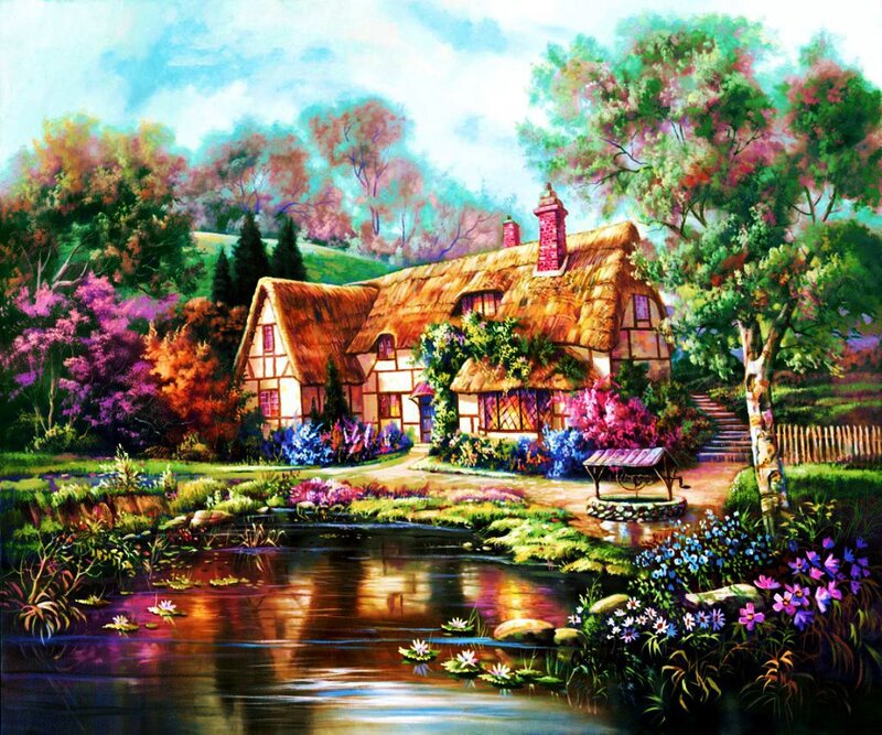 Thatched Cottage by Pond — Green, Serene, Afternoon, Painting, Flowers, Trees