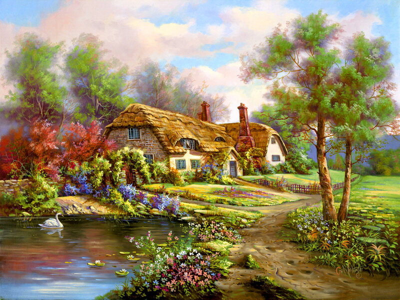 Thatched Cottage by Pond — Green, Serene, Afternoon, Painting, Swan