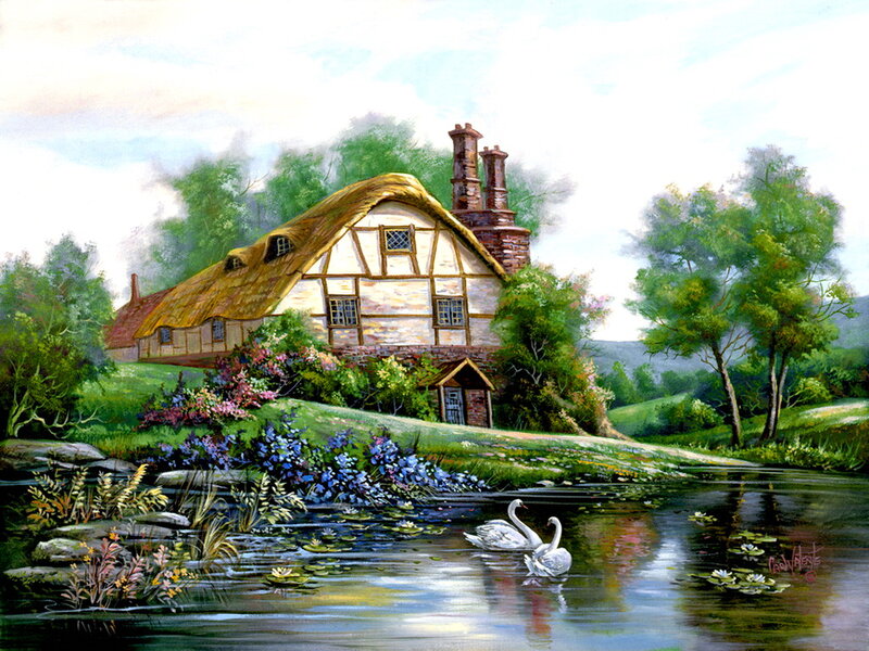 Thatched Cottage by Pond — Green, Serene, Afternoon, Painting, Swans
