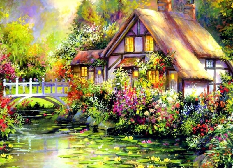 Thatched Cottage by Pond — Green, Serene, Afternoon, Painting