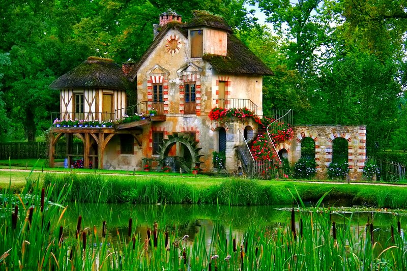 Thatched Cottage by Pond — Green, Serene, Afternoon, Photograph