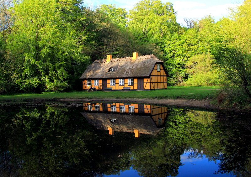 Thatched Cottage by Pond — Green, Serene, Afternoon, Photograph, Trees