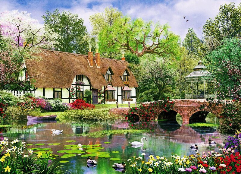 Thatched Cottage by Pond — Green, Serene, Spring, Digital Art