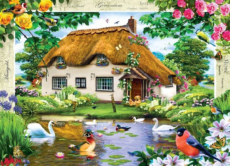 Thatched Cottage by Pond — Green, Serene, Spring, Illustration