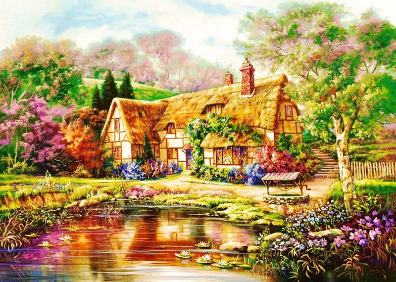 Thatched Cottage by Pond — Green, Serene, Spring, Painting, Flowers, Trees