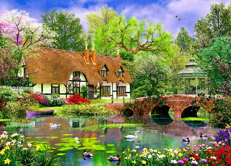 Thatched Cottage by Pond — Green, Serene, Spring
