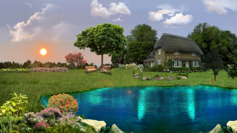 Thatched Cottage by Pond — Green, Serene, Sunset