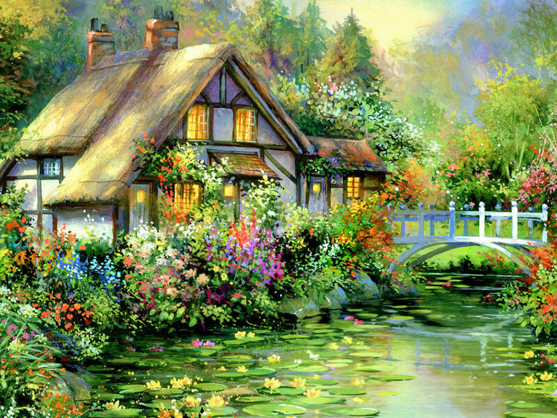 Thatched Cottage by Pond — Green