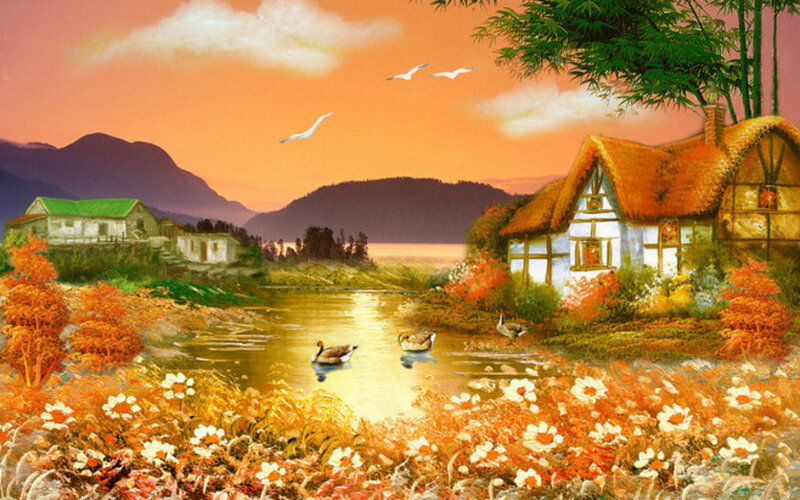 Thatched Cottage by Pond — Orange