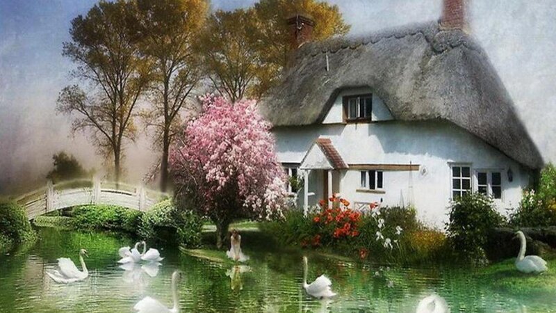 Thatched Cottage by Pond — White, Serene