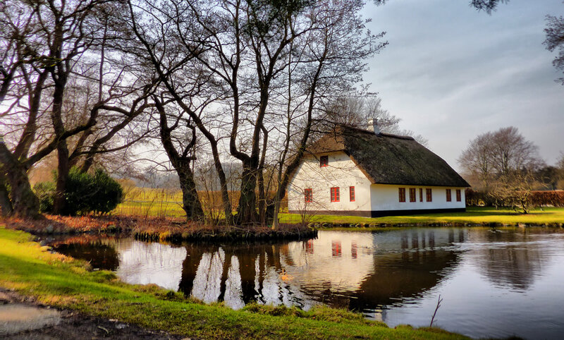 Thatched Cottage by Pond — White