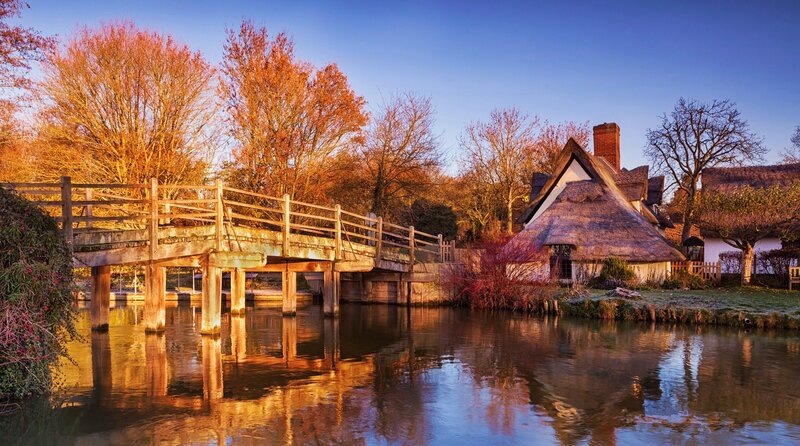 Thatched Cottage by River — Blue, Serene, Autumn