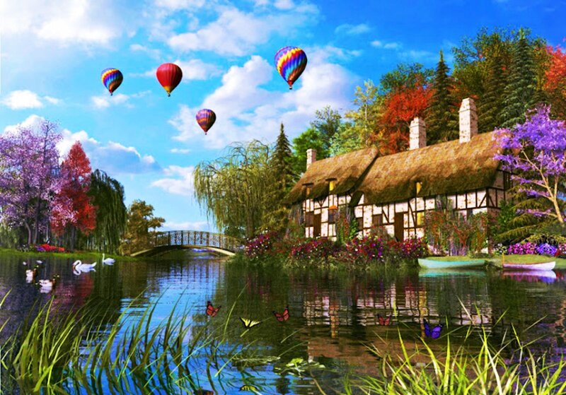 Thatched Cottage by River — Blue, Serene