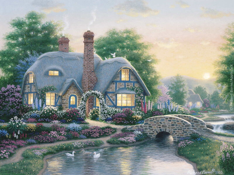 Thatched Cottage by River — Blue
