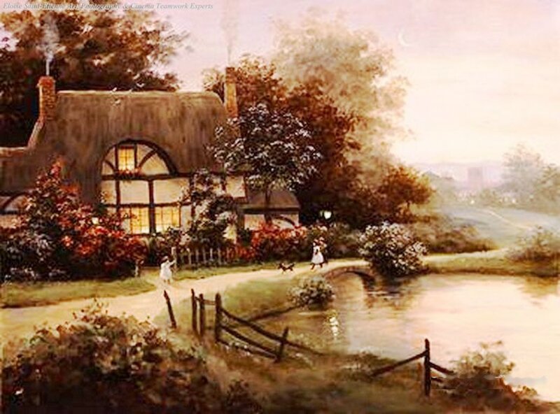 Thatched Cottage by River — Brown, Serene