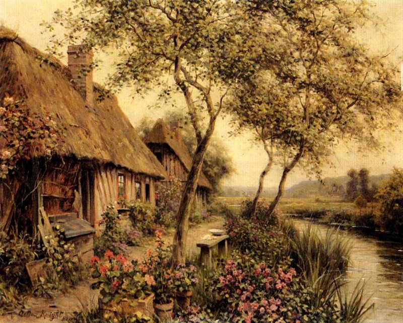 Thatched Cottage by River — Brown