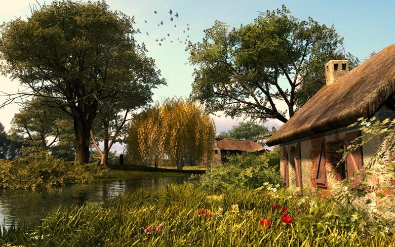 Thatched Cottage by River — Green, Serene, Afternoon, 3d Render
