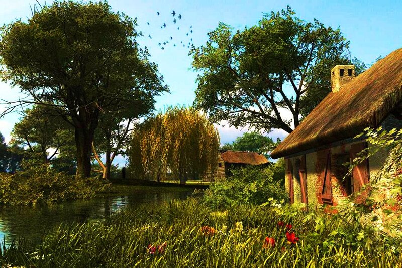 Thatched Cottage by River — Green, Serene, Afternoon, 3d Render, Trees