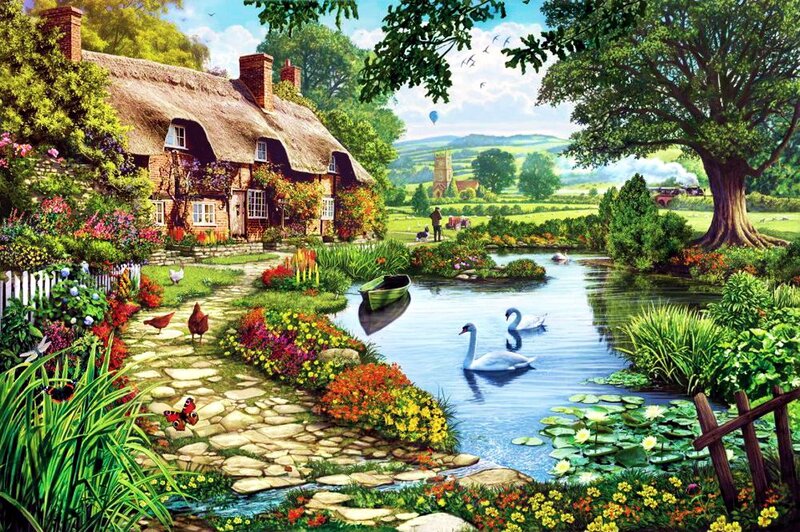 Thatched Cottage by River — Green, Serene, Afternoon, Illustration