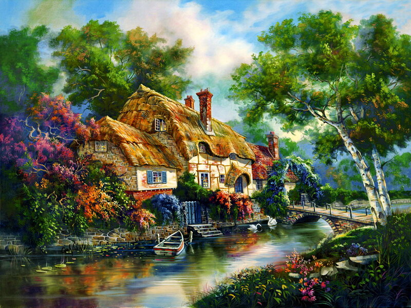 Thatched Cottage by River — Green, Serene, Afternoon, Painting, Bridge, Boat
