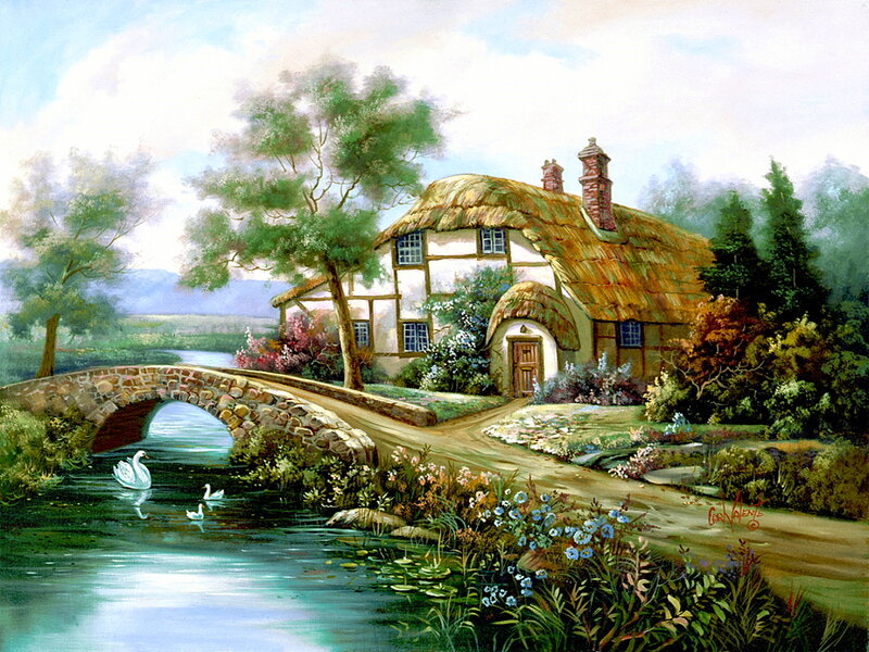Thatched Cottage by River — Green, Serene, Afternoon, Painting, Bridge, Swans