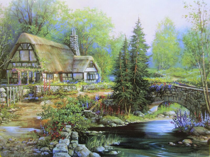 Thatched Cottage by River — Green, Serene, Afternoon, Painting, Bridge, Trees