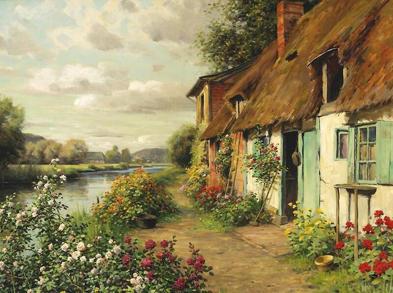Thatched Cottage by River — Green, Serene, Afternoon, Painting, Flowers