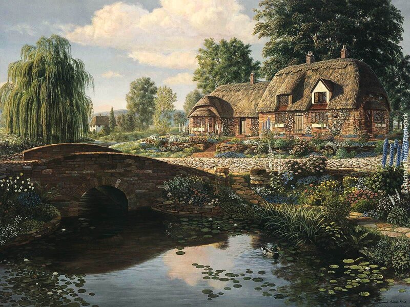 Thatched Cottage by River — Green, Serene, Afternoon, Painting, Stone Bridge