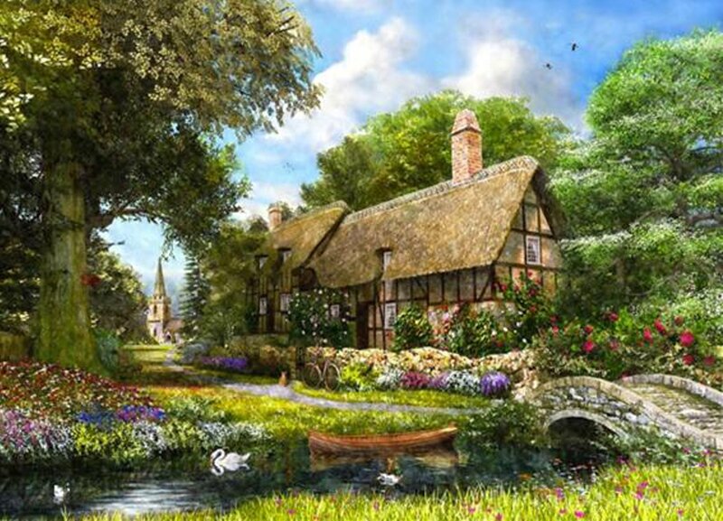 Thatched Cottage by River — Green, Serene, Afternoon, Painting, Swan