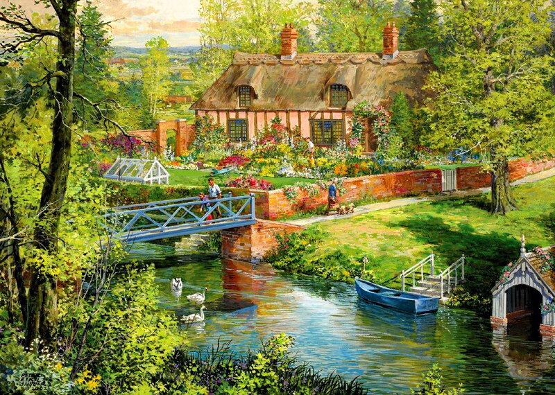 Thatched Cottage by River — Green, Serene, Afternoon, Painting, Swans