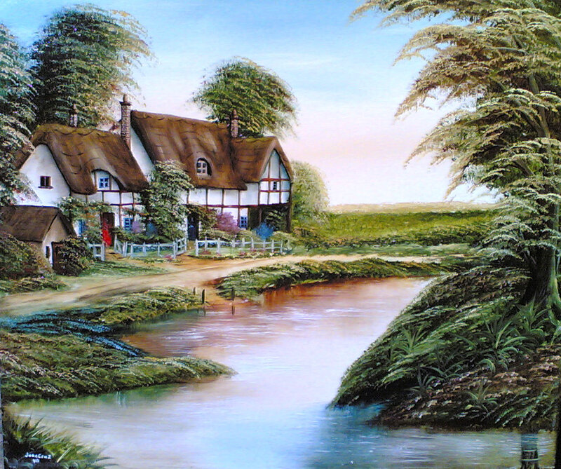 Thatched Cottage by River — Green, Serene, Afternoon, Painting, Trees, Fence