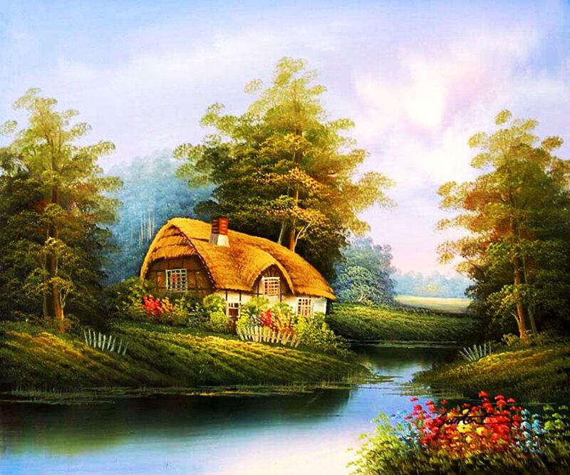 Thatched Cottage by River — Green, Serene, Afternoon, Painting, Trees, Flowers