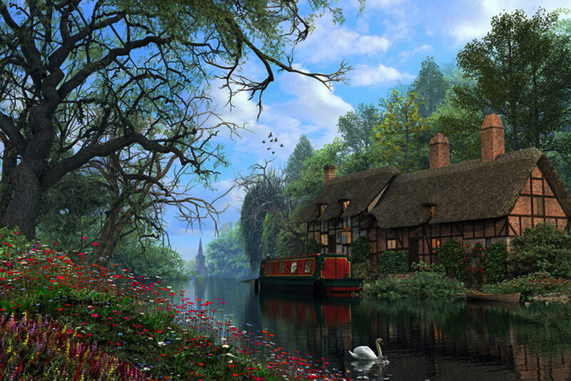 Thatched Cottage by River — Green, Serene, Afternoon