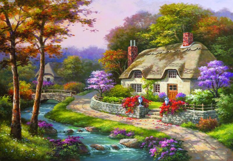 Thatched Cottage by River — Green, Serene, Autumn, Painting, Bridge