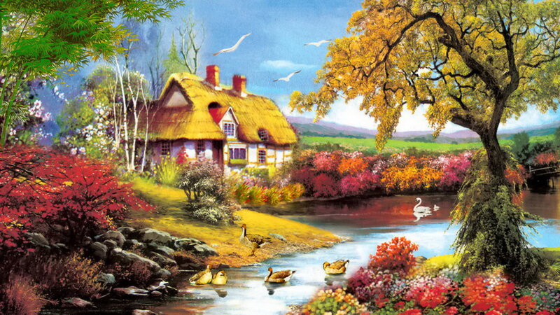 Thatched Cottage by River — Green, Serene, Autumn
